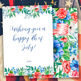 Tarjeta Festiva Flores Rojas Blancas Y Azules 4 De Julio Patriótic