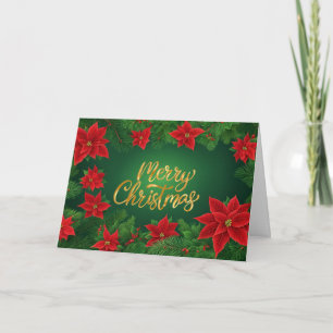 Tarjeta Festiva Flores rojas de poinsettia, ramas de pino de Navid