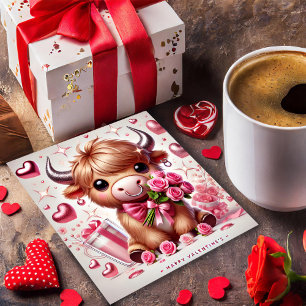 Tarjeta Festiva Flores Románticas Vaca de las Tierras Altas de San