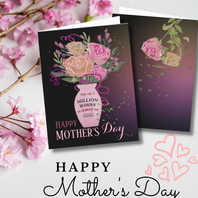 Tarjeta Festiva Flores rosadas del Día de la Madre con mensaje (Mother's Day light Vase with Flowers Holiday Card (Front))