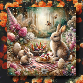 Tarjeta Festiva Flores rosadas Mariposas Bunny Easter Picnic