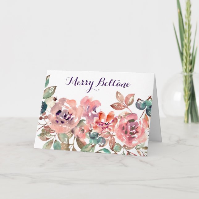 Tarjeta Festiva Flores rosas salvajes y biela acuática (Anverso)