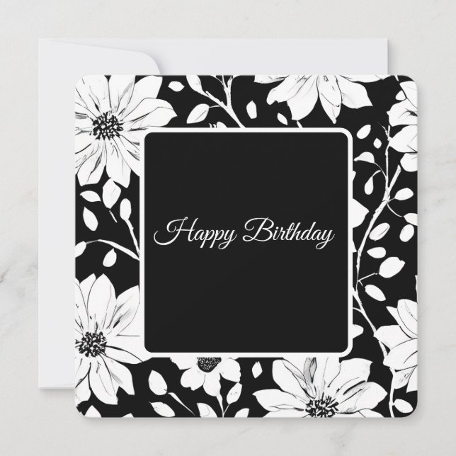 Tarjeta Festiva Flores simples en blanco y negro (Anverso)