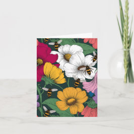 Tarjeta Festiva Flores y abejas en blanco coloridas