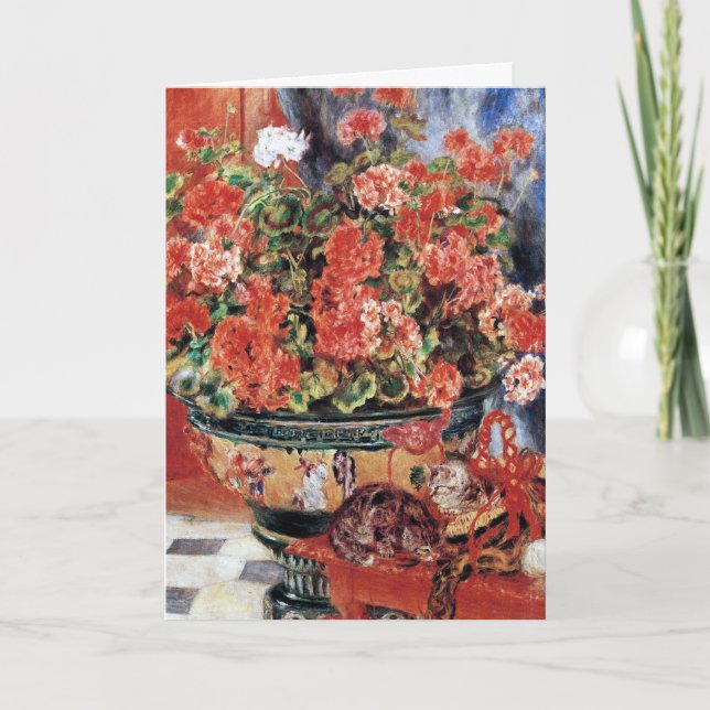 Tarjeta Festiva Flores y gatos - arte impresionista - Renoir (Anverso)
