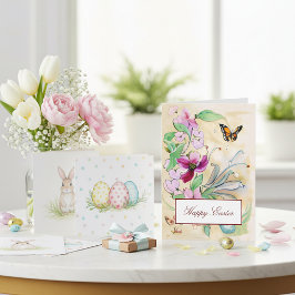 Tarjeta Festiva Flores y mariposa de Pascua de acuarela púrpura