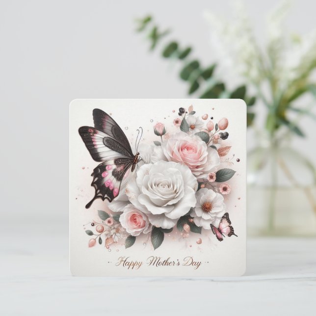 Tarjeta Festiva Flores y Mariposa del Día de la Madre Feliz (Anverso de pie)