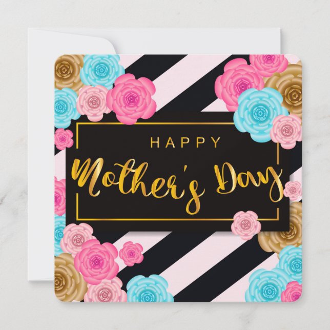 Tarjeta Festiva Flores y rayas del día de la madre feliz  (Anverso)