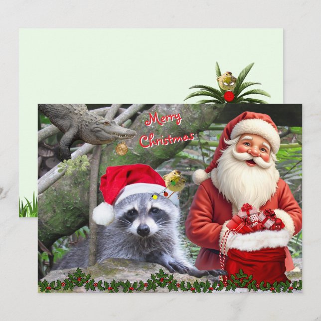 Tarjeta Festiva Florida Raccoon, Gator, and Santa Flat Card (Anverso / Reverso)