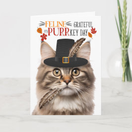 Tarjeta Festiva Fluffy Tabby Cat Feline Agradecido por PURRkey Day