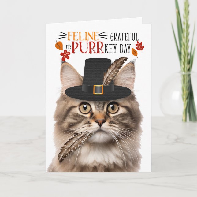 Tarjeta Festiva Fluffy Tabby Cat Feline Agradecido por PURRkey Day (Anverso)