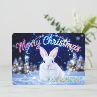 Tarjeta Festiva Fluffy White Rabbit in Magical Winter Forest