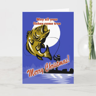 Tarjeta Festiva Fly Fisherman en un barco que atrapa lubina