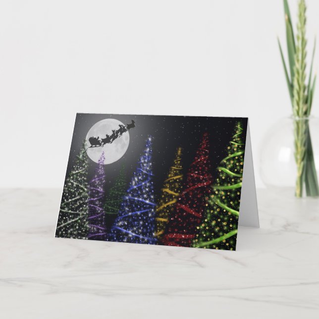 Tarjeta Festiva Flying Christmas reindeer with trees (Anverso)