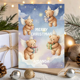 Tarjeta Festiva Flying Christmas Teddy Bears Kids Card