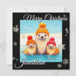 Tarjeta Festiva Focas lindas con gorro de punto ilustración de Nav