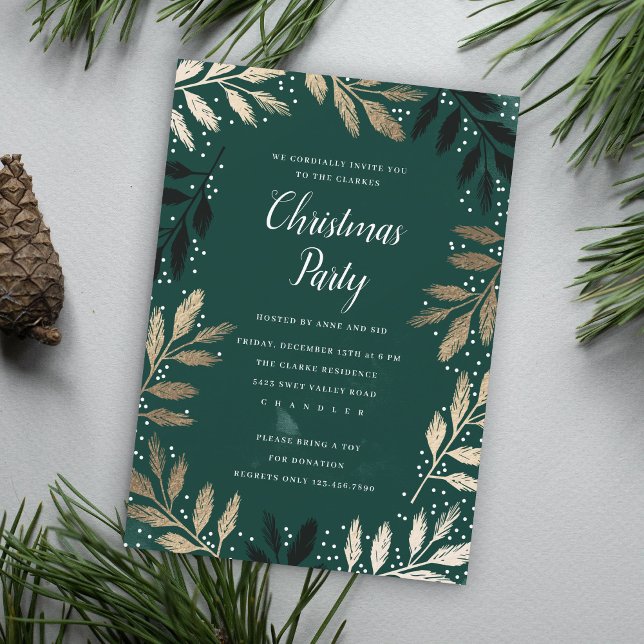 Tarjeta Festiva Foil Branch Frame Christmas Party Invitation (Subido por el creador)
