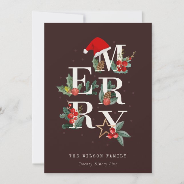 Tarjeta Festiva Foliación marrón verde verde blanco merry navideño (Anverso)