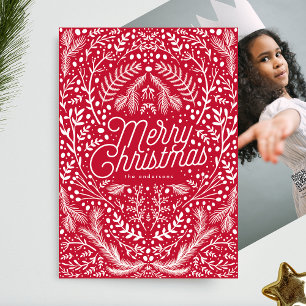 Tarjeta Festiva Foliage blanco rojo y bayas sin Navidades fotográf