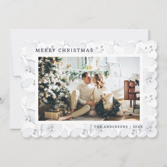 Tarjeta Festiva Foliage de invierno Blue Photo Merry Christmas Car (Anverso)