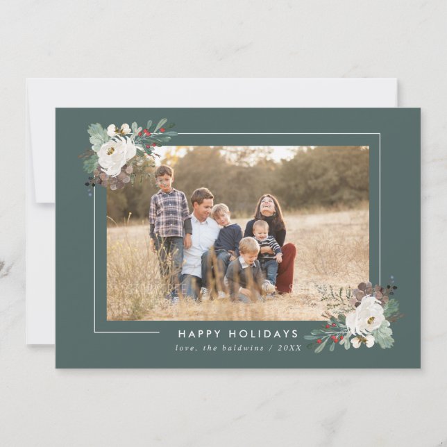 Tarjeta Festiva Foliage de invierno y florals Sage Green Photo Fra (Anverso)