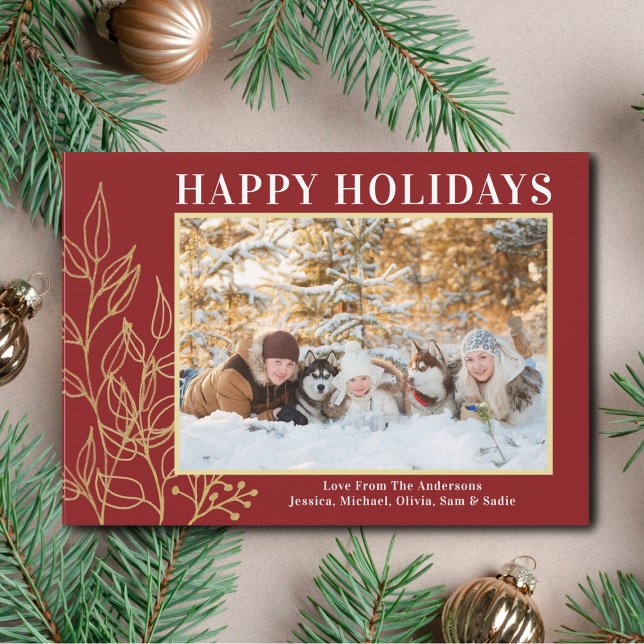 Tarjeta Festiva Foliage de oro Burgundy Photo Happy Holiday Card (Subido por el creador)