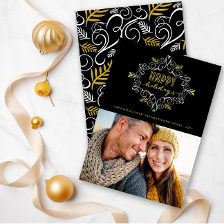 Tarjeta Festiva Foliage de Vintage Gold Festiage Happy Holidays
