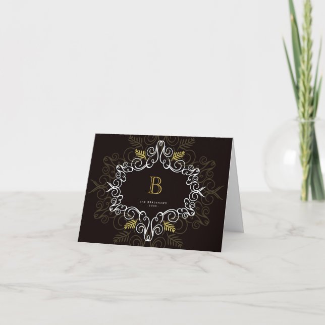 Tarjeta Festiva Foliage Gold Art Deco Monograma Vintage (Anverso)
