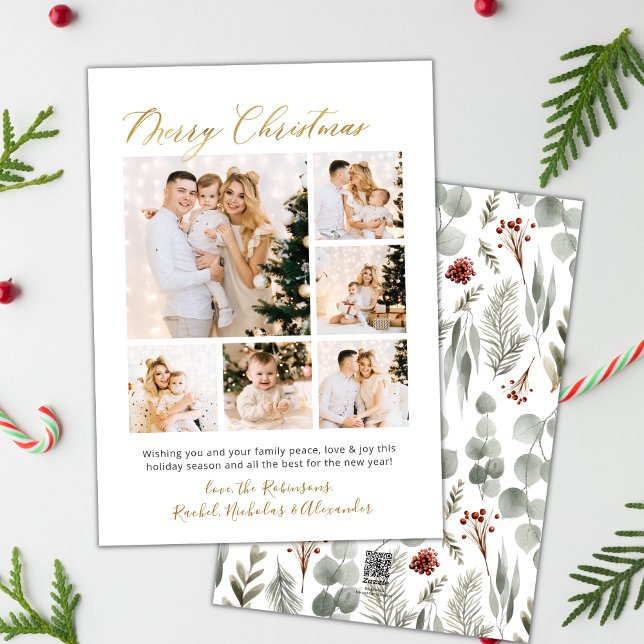 Tarjeta Festiva Foliage Gold Script 6 Navidades multifotográficos (Subido por el creador)