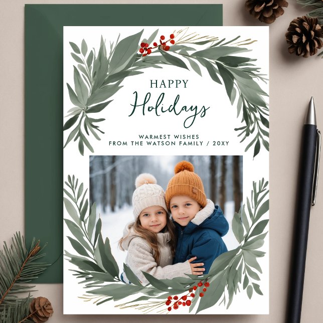Tarjeta Festiva Foliage Greenery Happy Holidays (Winter Foliage Greenery Happy Holidays Photo Holiday Card)