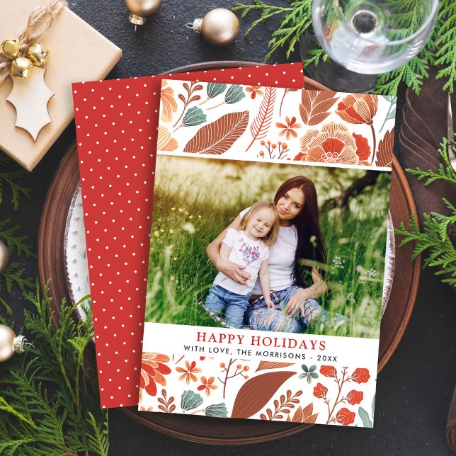 Tarjeta Festiva Foliage invernal Floral Happy Holidays Family Phot (Subido por el creador)