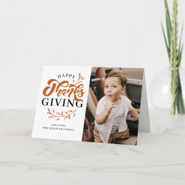 Tarjeta Festiva Foliage naranja Wreath Photo Happy Acción de Graci (Anverso)