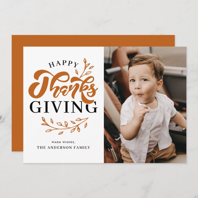 Tarjeta Festiva Foliage naranja Wreath Photo Happy Acción de Graci (Anverso / Reverso)