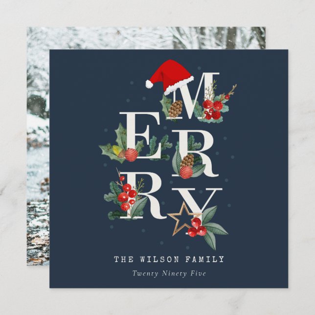 Tarjeta Festiva Foliage navideño de mora blanca verde roja de la m (Anverso / Reverso)