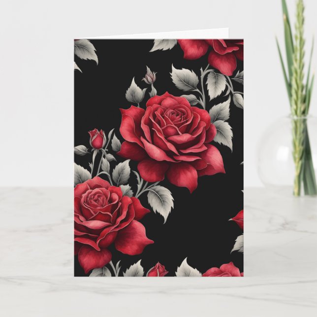 Tarjeta Festiva Foliage plateado de rosas rojas en San Valentín de (Anverso)