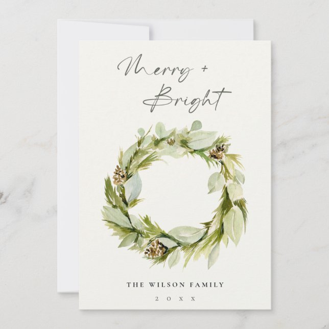 Tarjeta Festiva Foliage Winter Wreath Merry & Bright Navidades (Anverso)