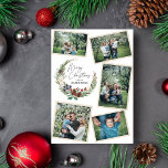 Tarjeta Festiva Foliage Wreath, Navidades de Collage de fotos fami<br><div class="desc">Envíe amor y felicidad esta temporada navideña con una tarjeta de bienvenida para Navidades que incluye cinco hermosas fotos de su familia y una corona vegetal compuesta de pinos acuarelas pintadas a mano,  hojas,  ramas y bayas de invierno.</div>