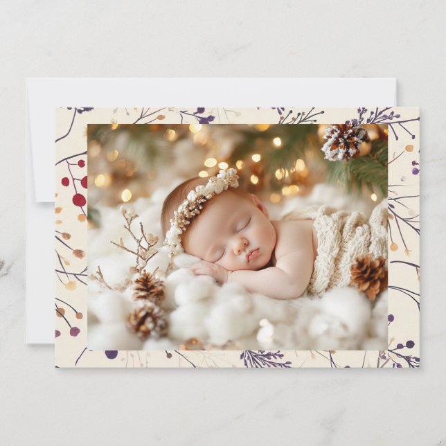 Tarjeta Festiva Foliage y foto de bebé de Navidades bonitos (Anverso)
