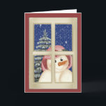 Tarjeta Festiva Folk Art Snowman<br><div class="desc">Un muñeco de nieve de arte folclórico mirando por la ventana - un diseño que puede ser usado como un saludo de Navidad así como un mensaje de correo de caracol de invierno a la familia o amigos. Por supuesto que puede personalizar esto alterando el saludo y/o agregando su mensaje...</div>