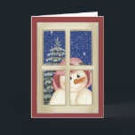 Tarjeta Festiva Folk Art Snowman<br><div class="desc">Un muñeco de nieve de arte folclórico mirando por la ventana - un diseño que puede ser usado como un saludo de Navidad así como un mensaje de correo de caracol de invierno a la familia o amigos. Por supuesto que puede personalizar esto alterando el saludo y/o agregando su mensaje...</div>