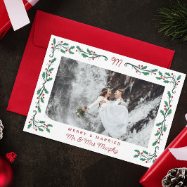 Tarjeta Festiva Folk Holly Frame Merry & Married Christmas Photo