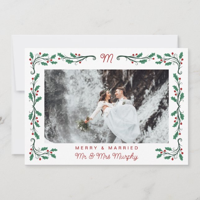 Tarjeta Festiva Folk Holly Frame Merry & Married Christmas Photo (Anverso)