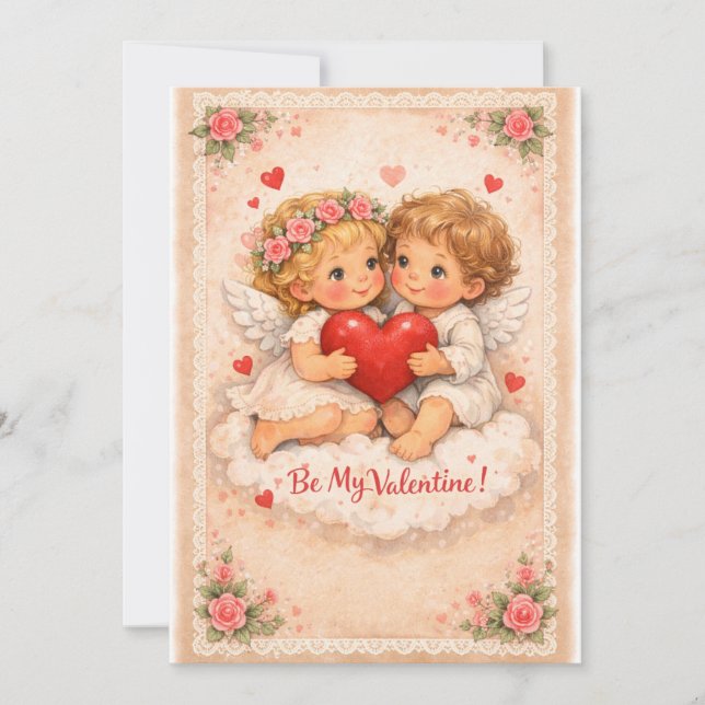 Tarjeta Festiva Folk Valentine Angels with Heart – Whimsical Primi (Anverso)