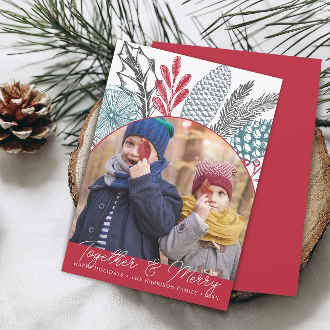 Tarjeta Festiva Follaje invernal juntos y foto alegre (Winter Greenery Together and Merry Photo Holiday Card)