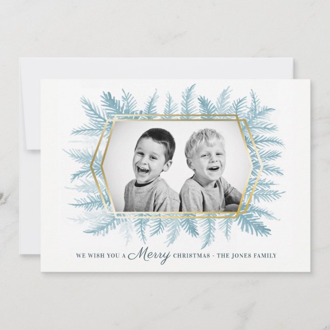 Tarjeta Festiva Follaje perenne invernal acuarela azul (Anverso)