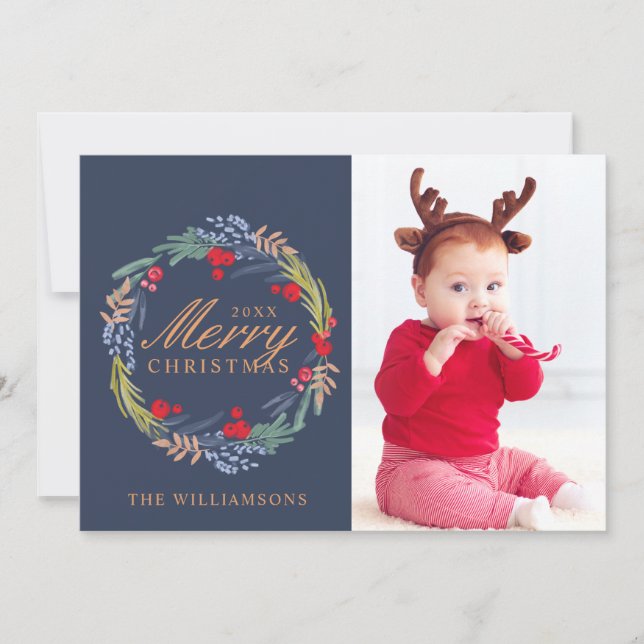 Tarjeta Festiva Folleto festivo de acuarela Wreath & Fox Photo (Anverso)