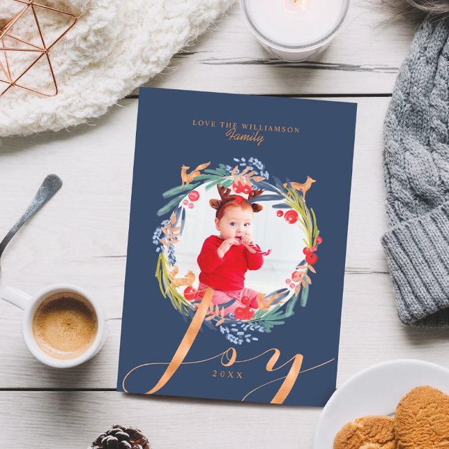 Tarjeta Festiva Folleto festivo de acuarela Wreath & Fox Photo (Watercolor Festive foliage Wreath & Fox Photo Holiday Card)