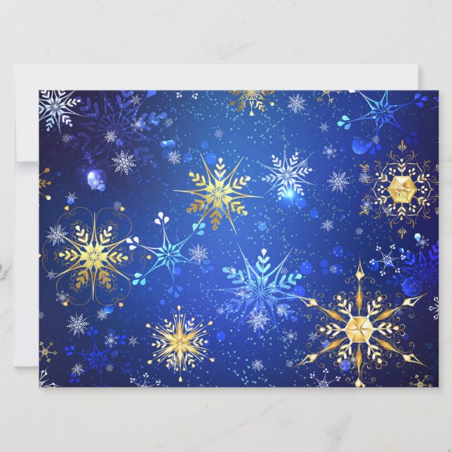 Tarjeta Festiva Fondo azul XMAS con copos de nieve dorados (Anverso)