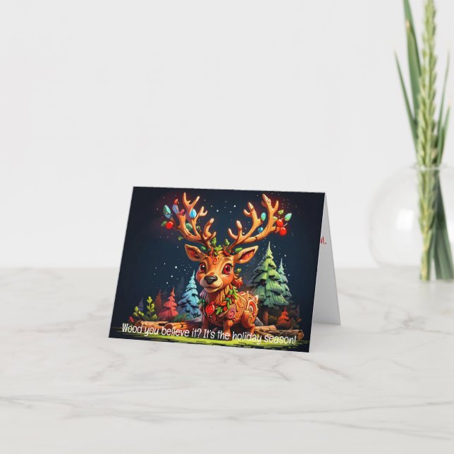 Tarjeta Festiva Fondo de árbol de renos de madera pequeños (Anverso)