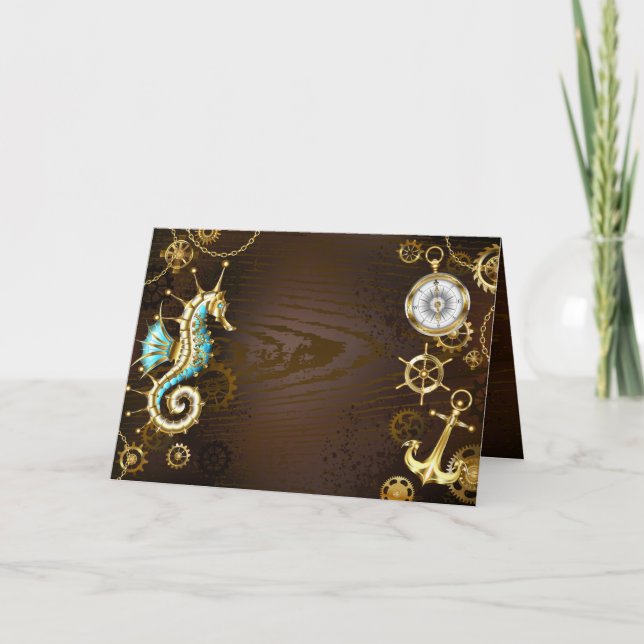 Tarjeta Festiva Fondo de madera con caballito de mar mecánico (Anverso)